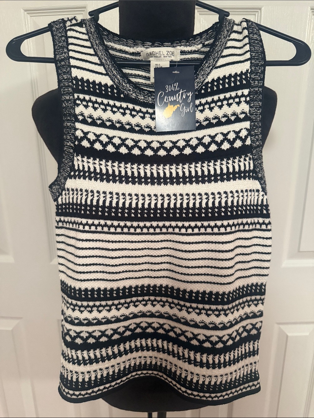 Rachel Zoe Black and White Fair Isle Sleeveless Knit Top